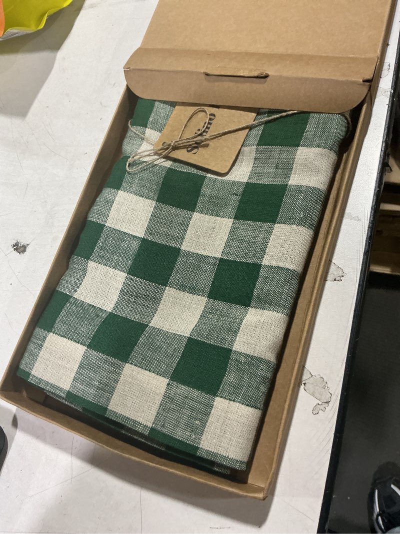 Condition photo showing New/Like New for Solino Home Linen Table Runner 120 Inches Long - 100% Pure Linen Buffalo Check Green and Natural Table Runner 14 x 120 Inch for Spring, St Patricks Day, Easter - Morgan Green & Natural 14 x 120 Inch