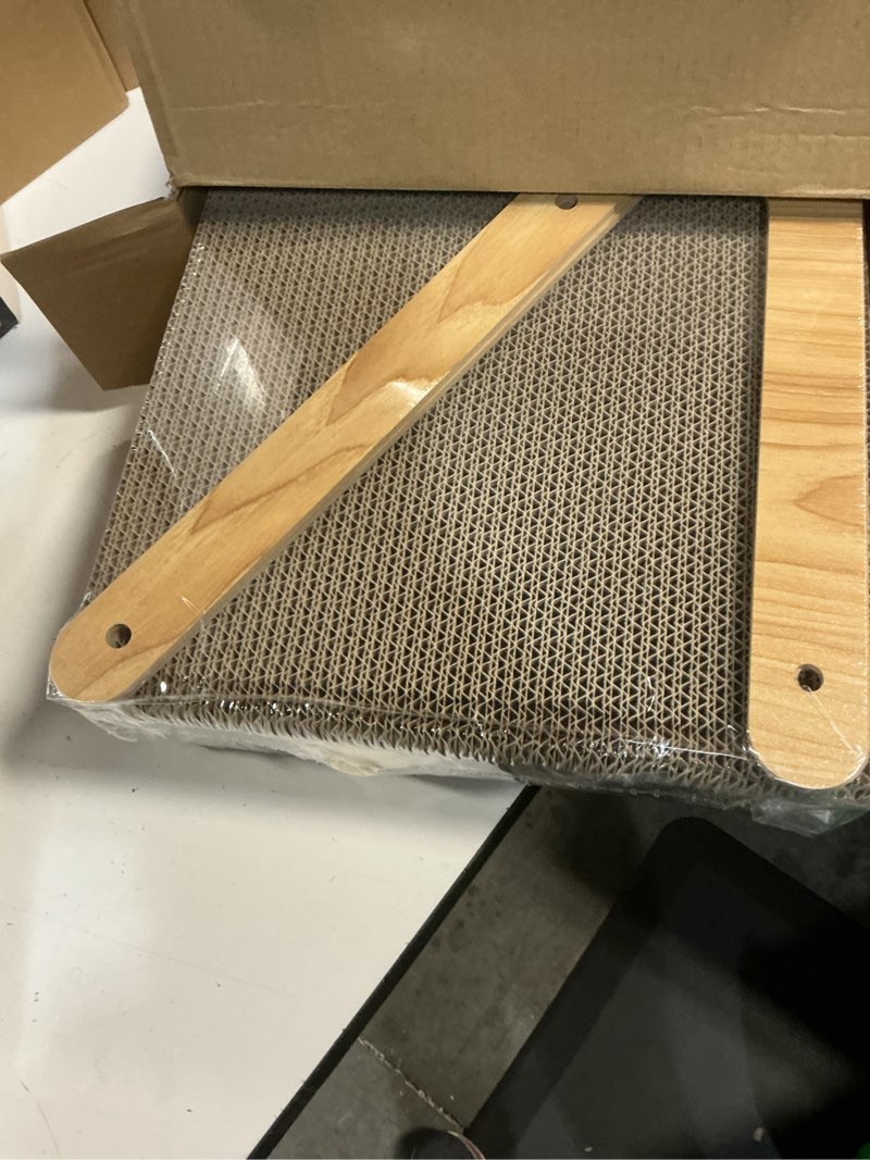 Condition photo showing New/Like New for fukumaru cat scratcher, 32.7 inch l shape cat scratch pad wall mounted, cat scratching cardboard with ball toy for indoor cats, extra large 1 pack 32.7 in wood color