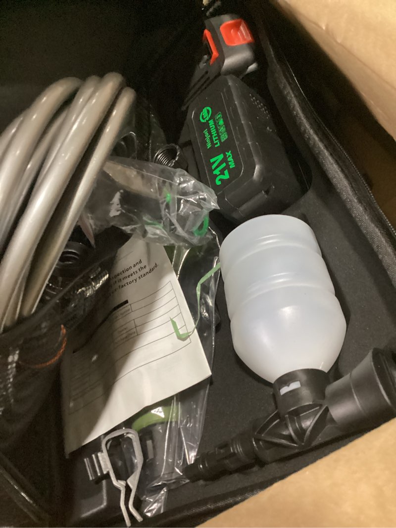 Condition photo showing As Is for max 1100psi 3.0 gpm battery with multi-3 level adjustment, 6-in-1 nozzle & foam cannon, 26.2 ft hose for car & home