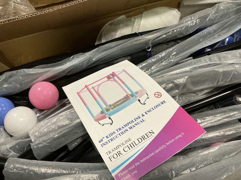 Condition photo showing Good Condition for 60" Trampoline for Kids, 5 FT Indoor & Outdoor Toddler Baby Trampoline with Basketball Hoop, Safety Enclosure, Birthday Gifts for Kids, Gifts for Boy and Girl, Age 3-8 5FT Pink/Blue