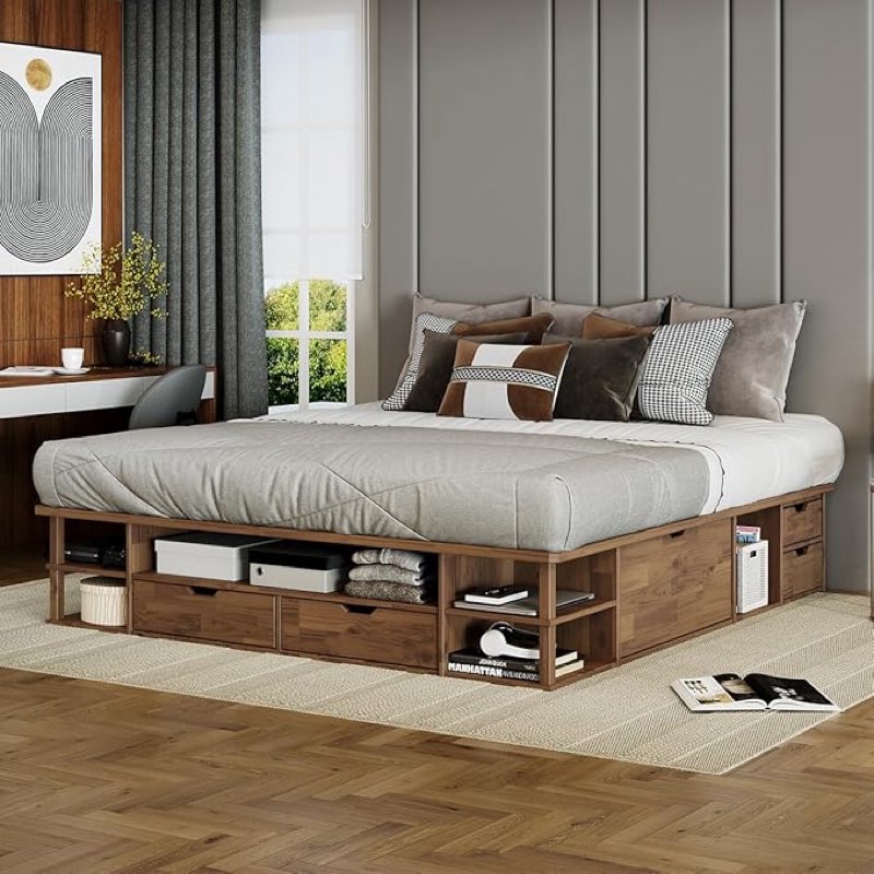 *similar to stock photo*incomplete*left side 3 only*LETTO Capri King Size Wood Platform Storage Bed Frame with Drawers and Built-in Shelves, Storage Platform Bed Great for Couples Room Organization, Solid Wood Bed, Smooth Finish (Golden Brown)