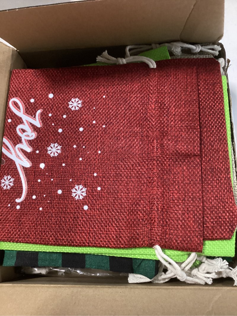 Condition photo showing Good Condition for Yeyeplum 24 Pcs Christmas Wine Burlap Bags Christmas Wine Gift Bags with Tags and Ropes Reusable Xmas Snowman Santa Bottle Covers for New Year Holiday Party Decor