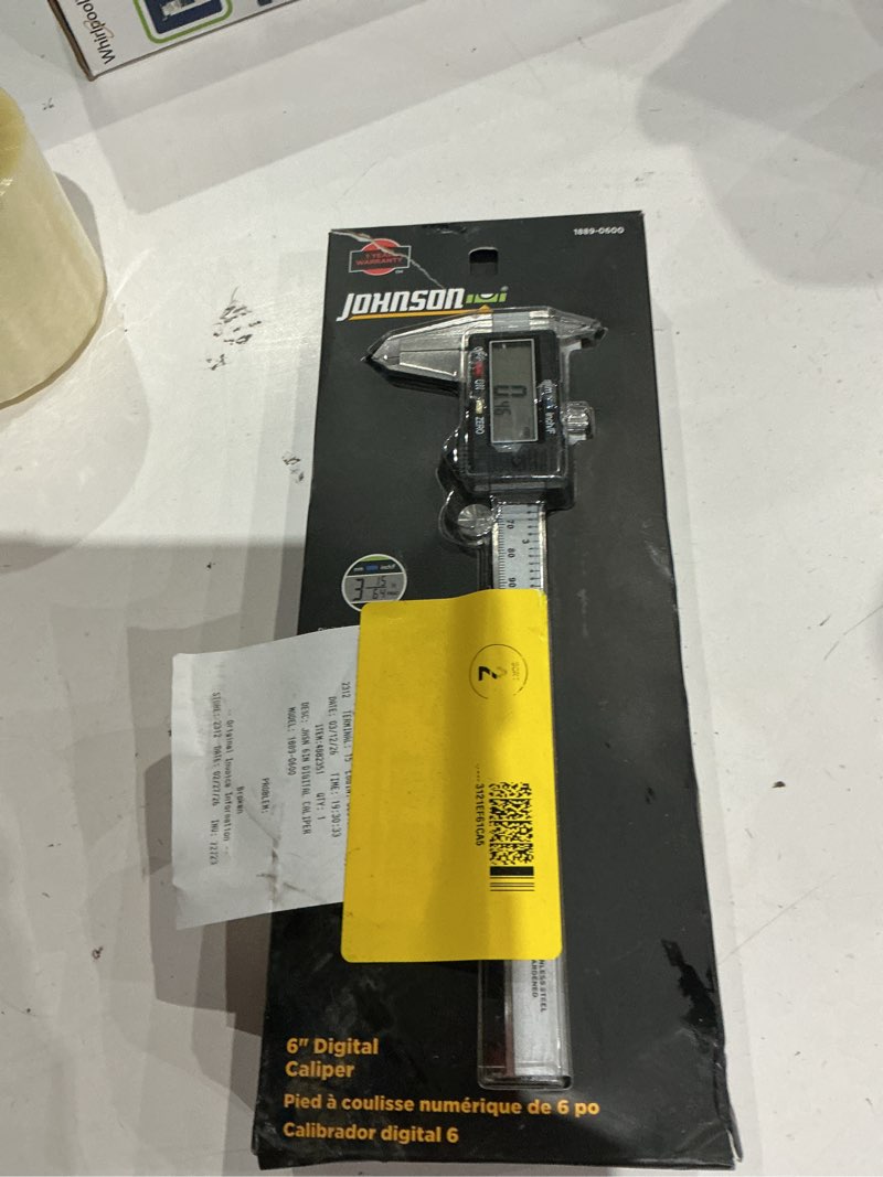 Condition photo showing As Is for johnson level & tool 1889-0600 digital caliper, 6", black, 1 caliper,silver