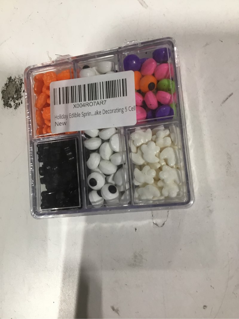 Condition photo showing New/Like New for Halloween Sprinkles Set 5 Compartment - Black Bats, Orange Pumpkins, White Ghosts, Candy Eyes Mix - Cake Decorating Supplies for Cookies, Cupcakes, Ice Cream, Baking 3oz (85g)