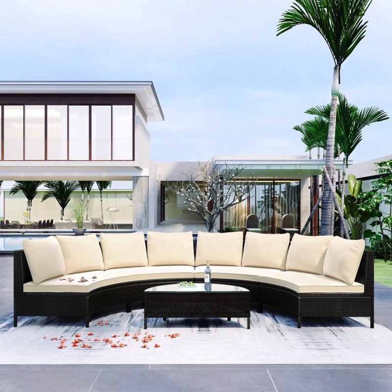 5Pc All-Weather Brown PE Rattan Sectional Furniture Set, Beige box 2 of 3