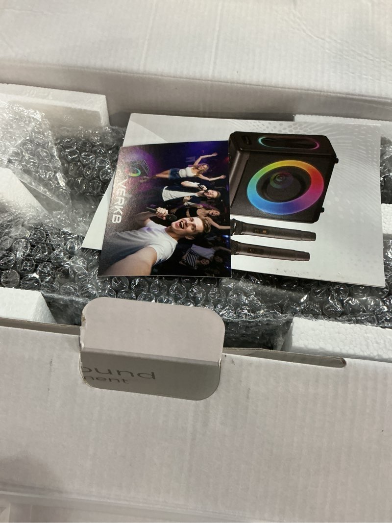 Condition photo showing New/Like New for karaoke machine with 2 wireless rechargeable microphones: portable bluetooth speaker for adults & kids - pa system with lights supports tws/tf card/usb/aux for home party 2 mics