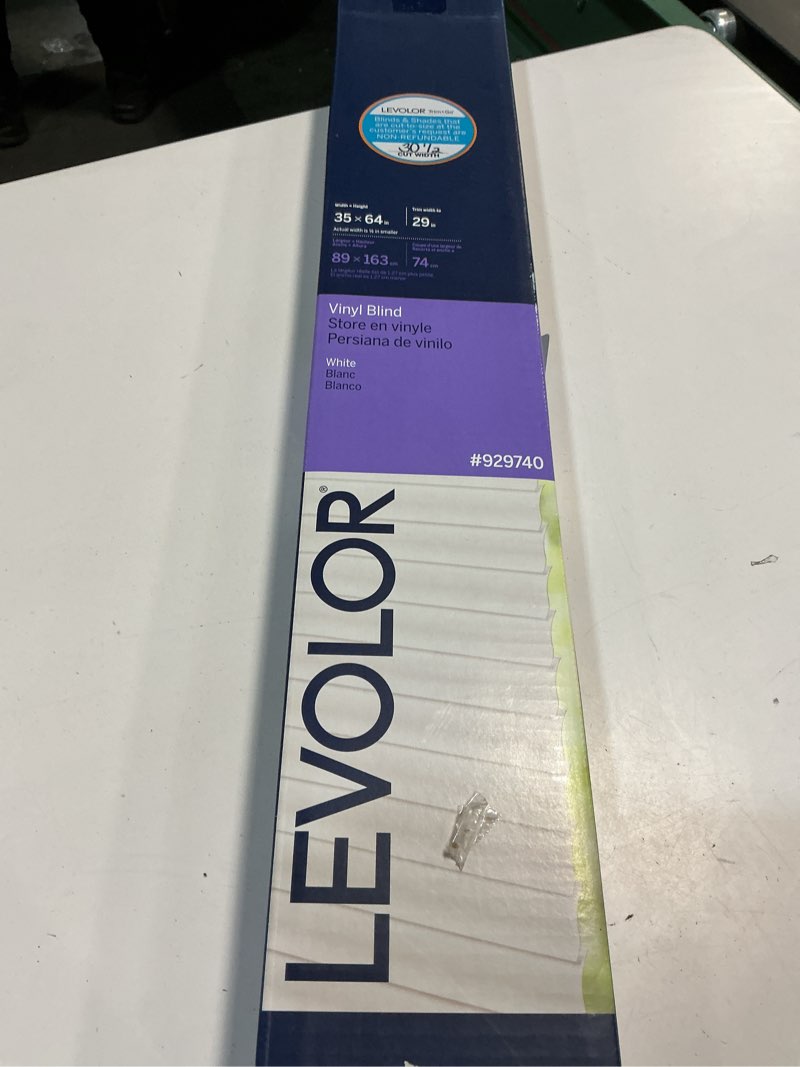 Condition photo showing As Is for 500+ bought last week LEVOLOR Trim+Go 1-in Slat Width 35-in x 64-in Cordless White Vinyl Room Darkening Mini-blinds