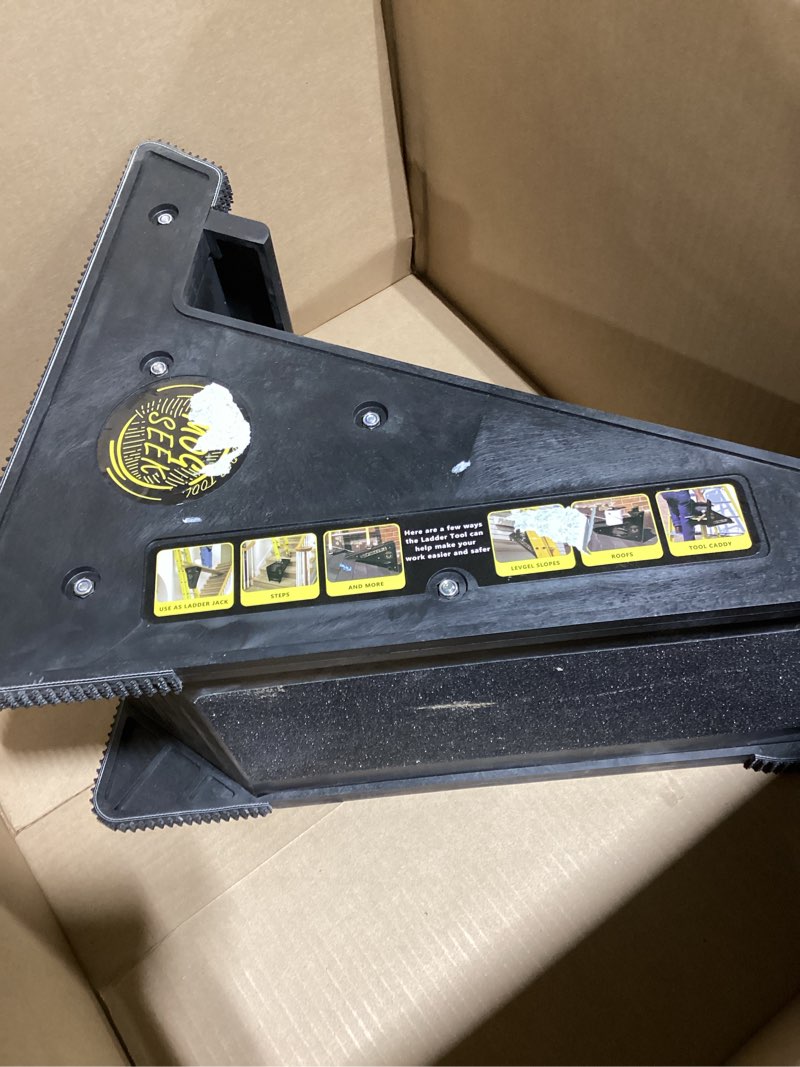 Condition photo showing As Is for ladder leveler, pitch hopper, ladder stabilizer with storage, ladder levelers for stairs and extension ladders, easy to use, conquer uneven ground (black, standard durable plastic)