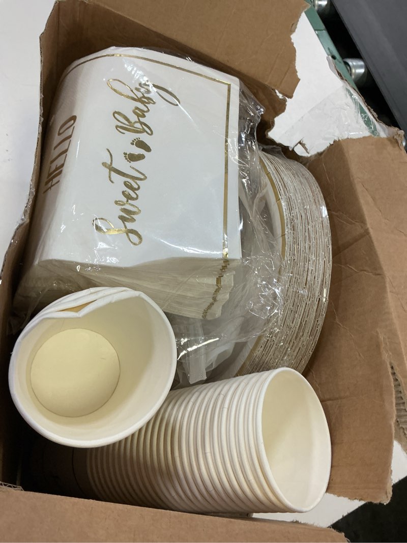 Condition photo showing Good Condition for 400 pcs baby gender reveal plates and cups and napkins sets with forks spoon party supplies baby shower paper tableware gender reveal decorations disposable cutlery, serves 50(gold,hello sweet) gold hello sweet