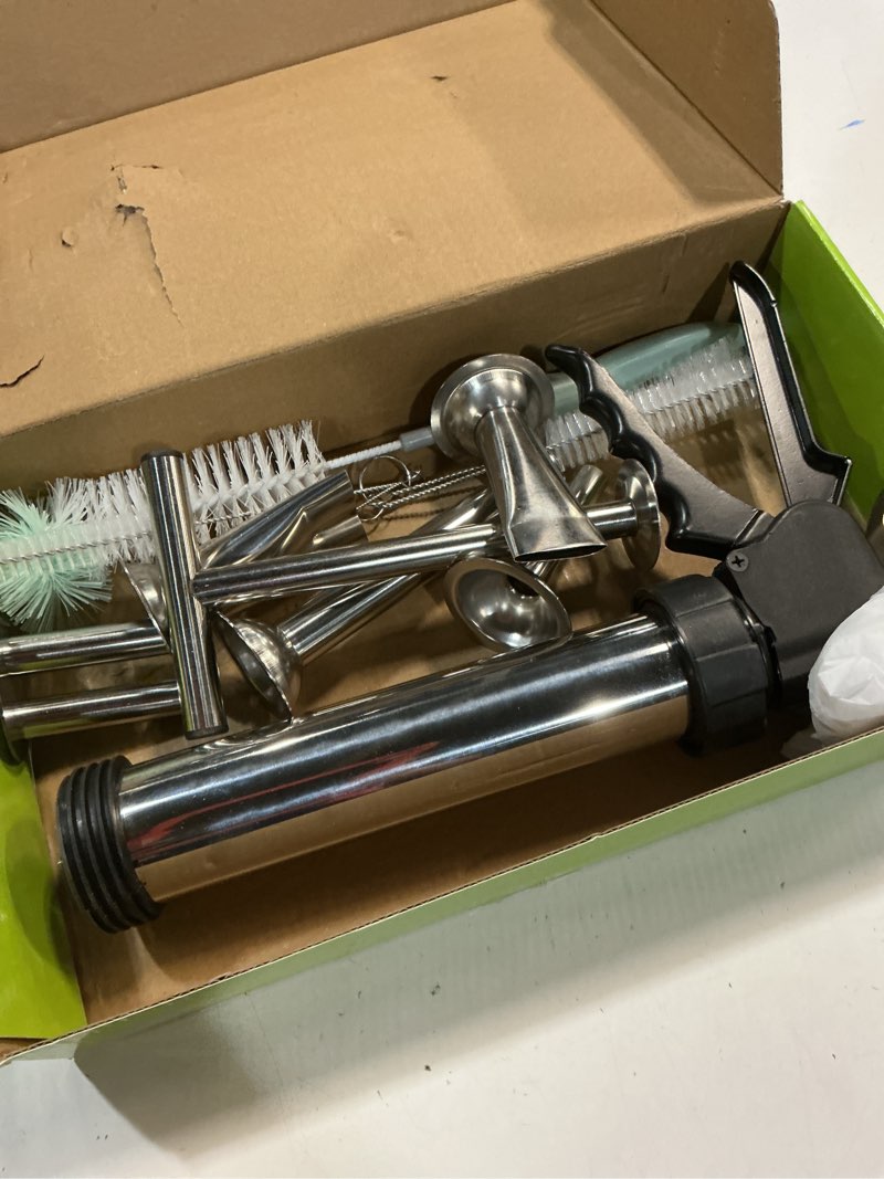 Condition photo showing As Is for Stainless Steel Jerky Gun Beef Jerky Maker Gun Kit Sausage Stuffer Machine Sausage Maker Jerky Shooter Beef Jerky Sausage Gun Meat Gun with 5 Nozzles 5 Brushes & Meat Pusher Gift for Women Men Mom Dad
