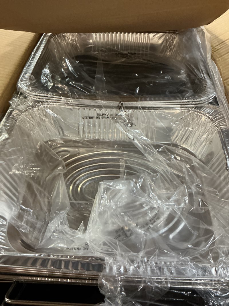 Condition photo showing Good Condition for large full size 33-pcs disposable chaffing buffet with-covers, utensils, fuel cans – premium chafing dish set for events, parties, catering complete kit (with racks)