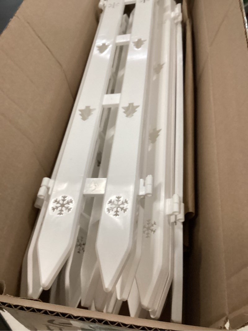 Condition photo showing As Is for 24" Extra Tall Fence for Christmas Tree,12PCS White Picket Fence Gate Barrier with Snowflakes&Tree Patterns Christmas Tree Gate for Pets(24" H x 5" W Each) 24inches-12PCS White