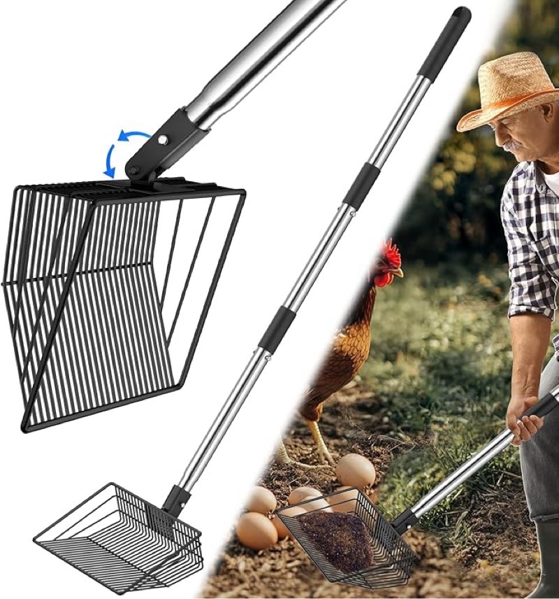 Chicken Poop Scooper 41 Inch – Adjustable Angle Stainless Steel Chicken Coop Sifter Shovel – Lightwe