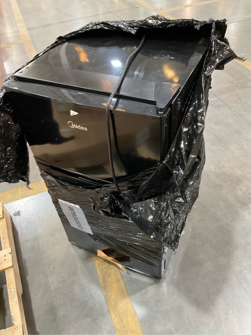 Condition photo showing As Is for midea whd-113fb1 double door mini fridge with freezer for bedroom office or dorm with adjustable remove glass shelves compact refrigerator, 3.1 cu ft, black black 3.1 cubic feet