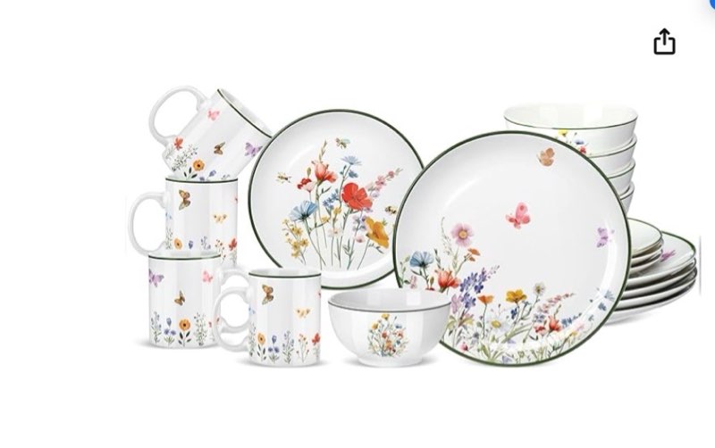 Pickmesh 16 Pcs Wildflower Ceramic Dinnerware Set for 4 Guest Floral Dish Set Spring Butterfly Dinner Plates Salad Plates Bowl Mug Kitchen Gift for Spring Kitchen Holiday Party Decoration