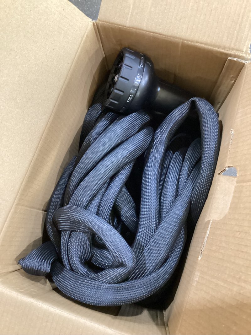 Condition photo showing As Is for flexible garden hose 100 ft, ultra lightweight water hoses 100ft w/10 function sprayer and 3/4" brass fittings, kink-free, sturdy, abrasion resistant for yard, lawn, outdoor and gardening(black) 100ft black