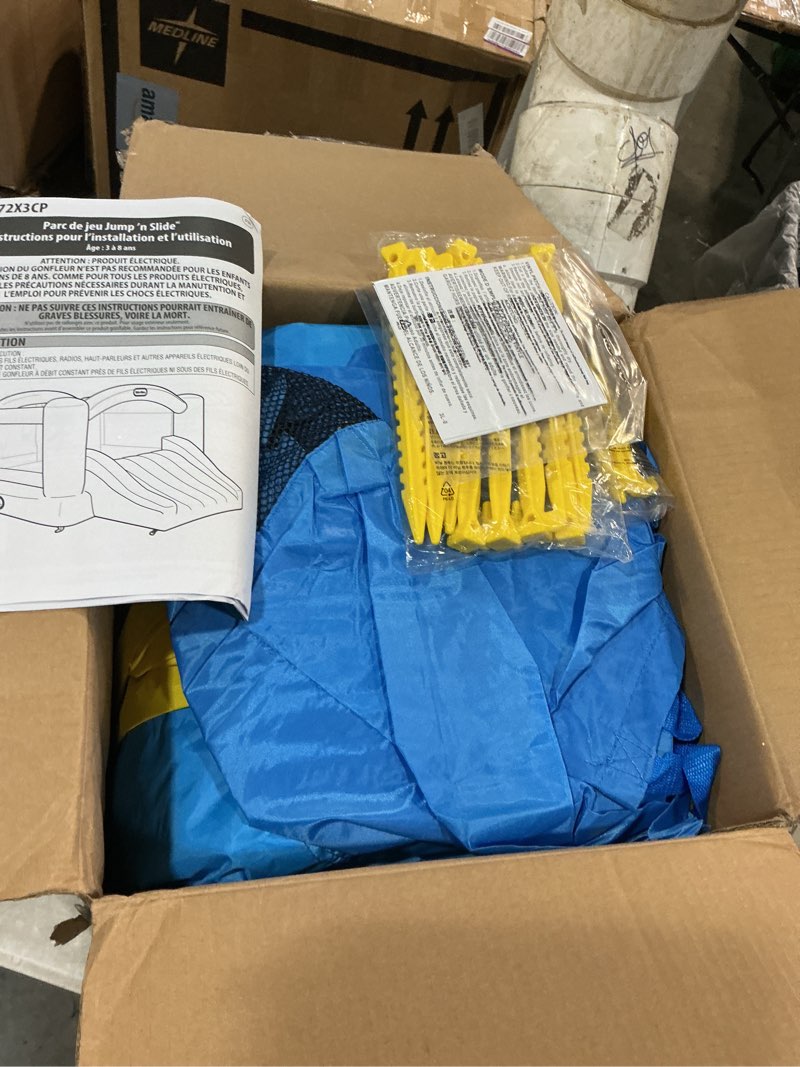 Condition photo showing New/Like New for little tikes jump 'n slide inflatable bouncer includes heavy duty blower with gfci, stakes, repair patches, and storage bag, for kids ages 3-8 years multi regular