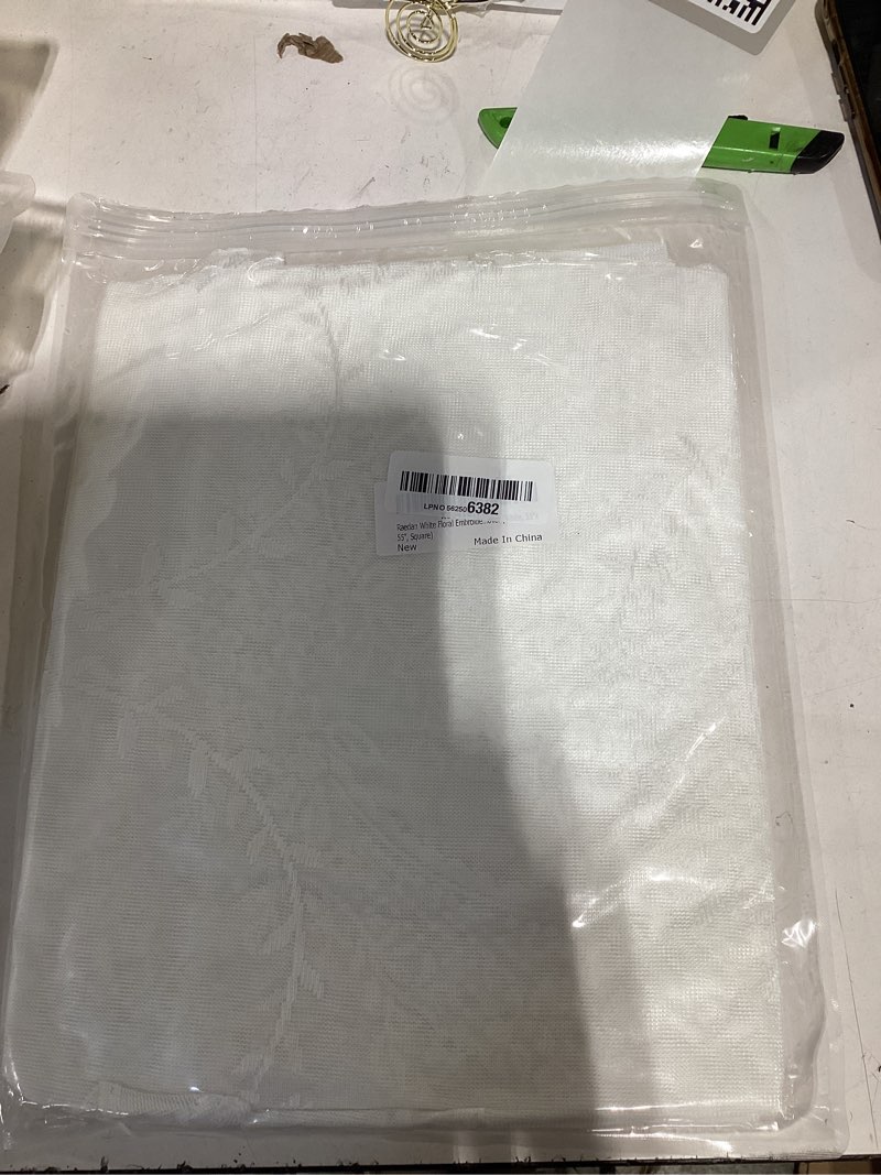 Condition photo showing Good Condition for white floral embroidered lace square tablecloth 55”x55” vintage table cover (white, 55”x55”, square) white 55" x 55" (square)