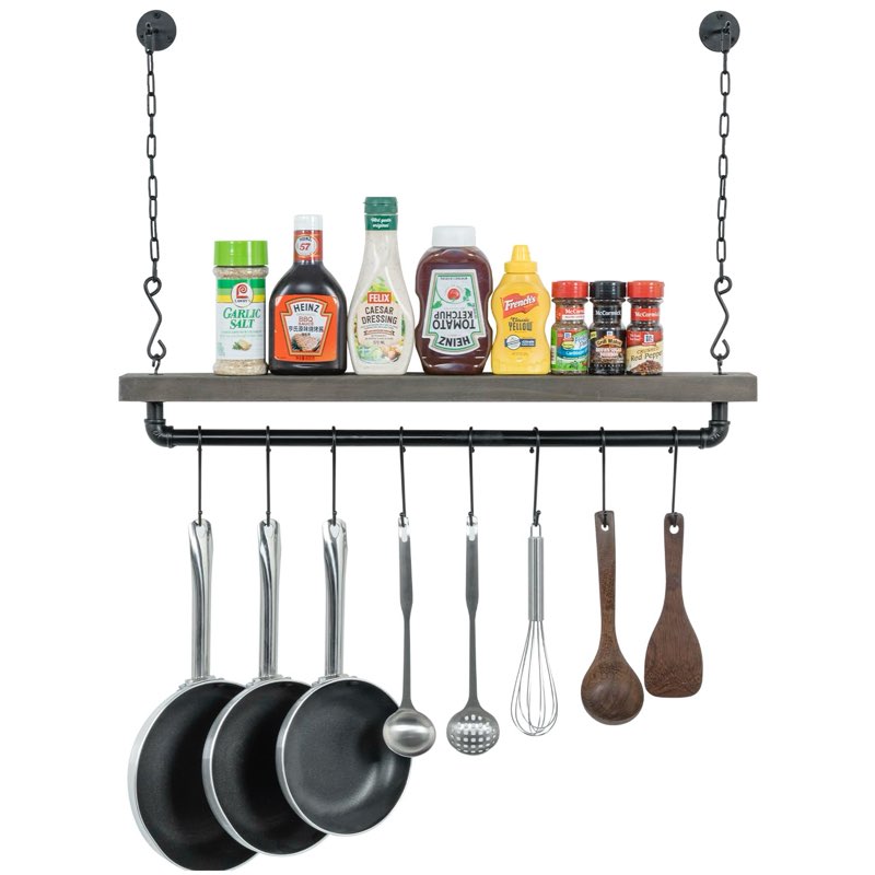 MyGift Ceiling or Wall Mounted Pot Rack with Shelf, Industrial Black Pipe and Gray Wood Hanging Cook