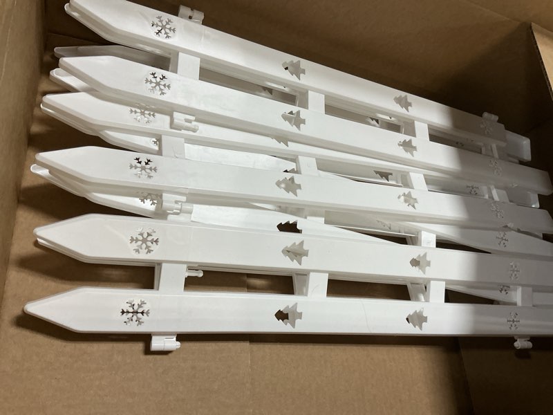 Condition photo showing As Is for 24" Extra Tall Fence for Christmas Tree,12PCS White Picket Fence Gate Barrier with Snowflakes&Tree P