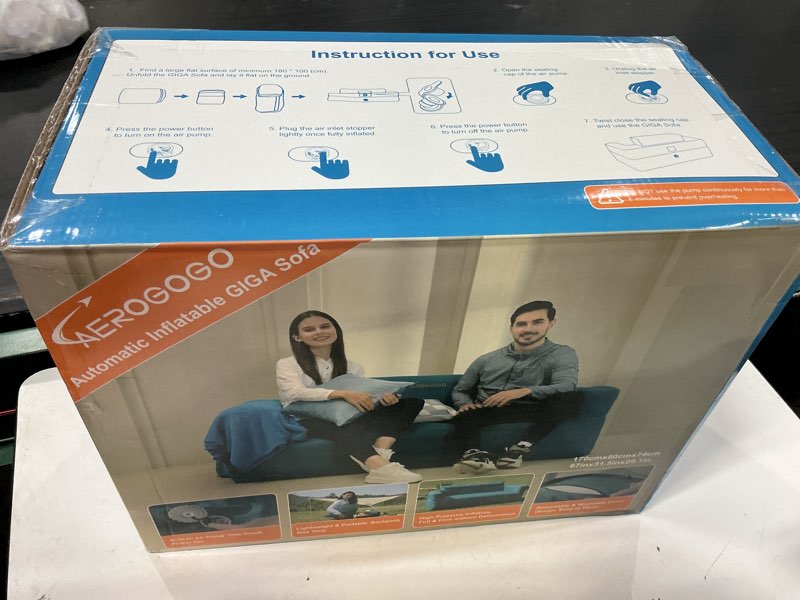 Condition photo showing New/Like New for aerogogo 2 seat portable inflatable couch for camping with built-in pump | fast inflate under 3 mins portable air couch, heavy-duty, machine-washable, outdoor couch for backyard beach music festival