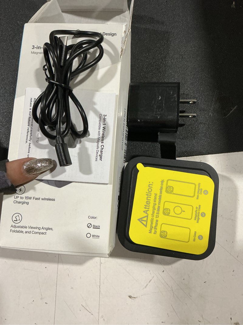 Condition photo showing As Is for 3 in 1 wireless charging station for apple devices, magnetic foldable travel fast charger stand compatible with magsafe for iphone air/17/16/15/14/13/12 series, apple watch & airpods pro/4/3/2-black