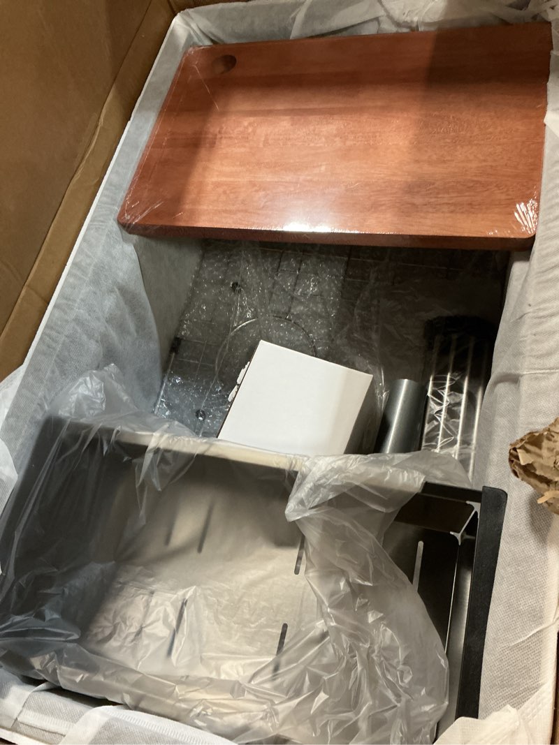 Condition photo showing Good Condition for stainless steel kitchen sink: 30-inch undermount single bowl farmhouse workstation sink - noise reducing design & accessories included (black, model 3018) black 30*18in