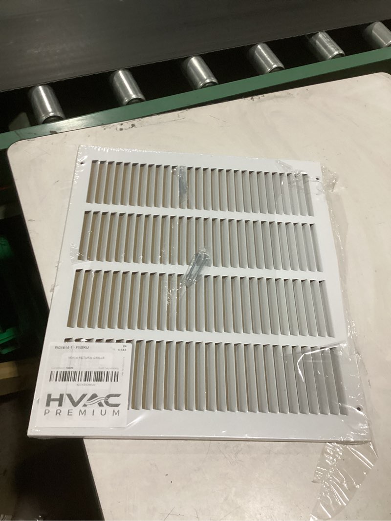 Condition photo showing New/Like New for hvac premium 16'' x 14'' [duct opening] flat stamped steel return air grille - sidewall and ceiling - hvac vent duct cover - white [outer dimensions: 17.75''w x 15.75''h] 16 x 14