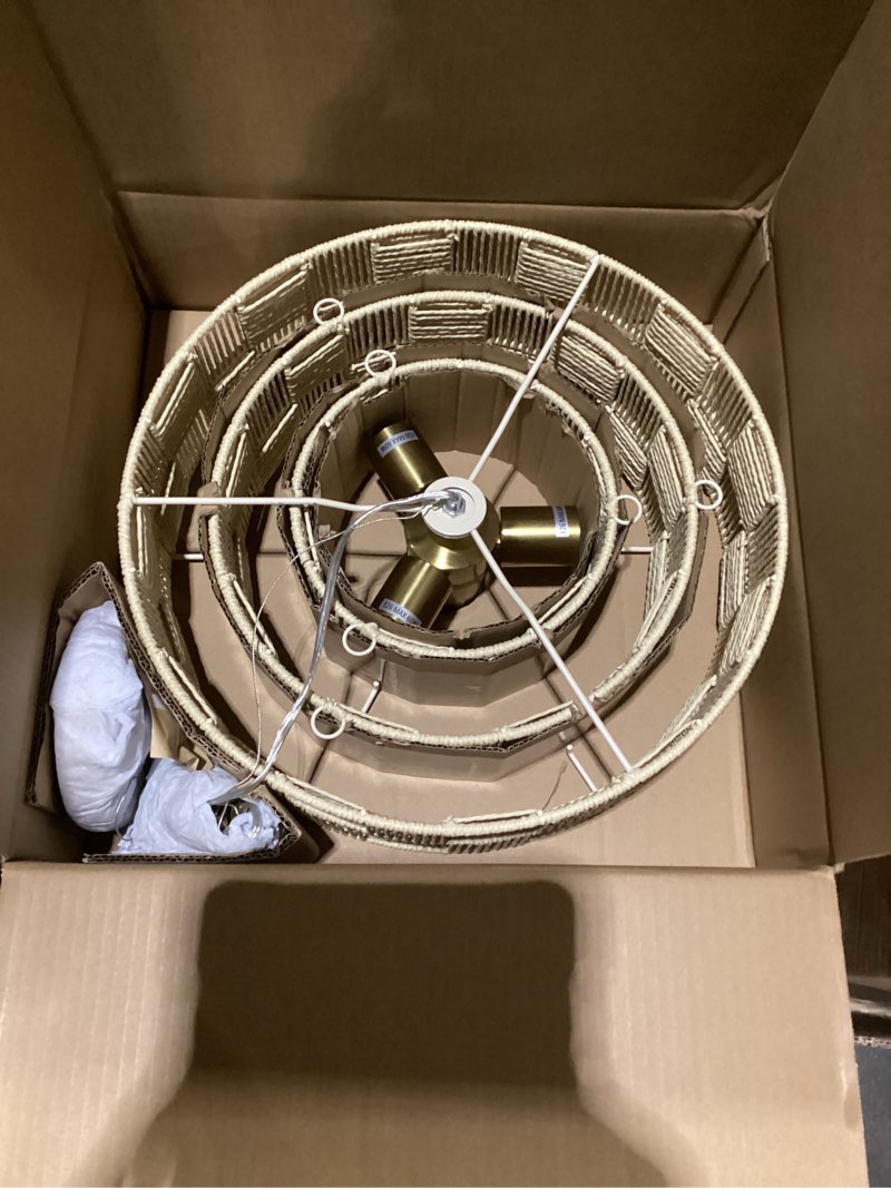 Condition photo showing Good Condition for Farmhouse Dining Room Light Fixture, 15.9” 4-Lights Boho Rattan Chandelier for Entryway Light Fixture, Kitchen Chandeliers Over Table, Foyer Lighting Fixtures for Dining Room Ceiling 15.9 Cream