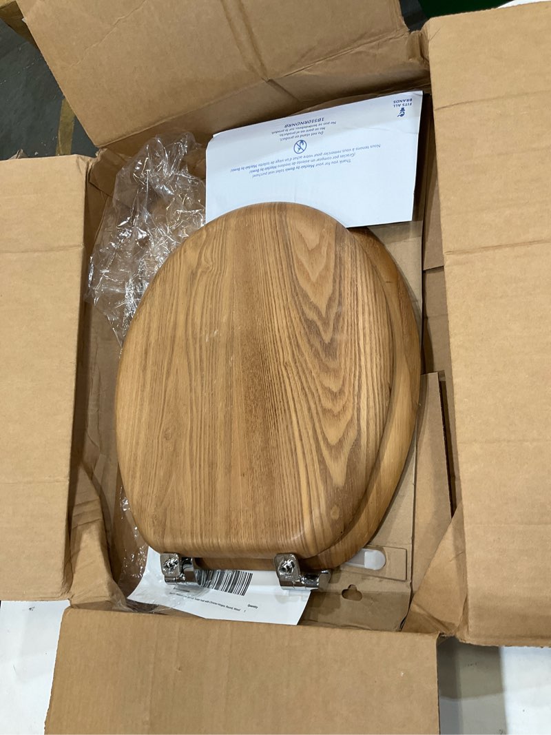 Condition photo showing As Is for mayfair natural oak veneer toilet seat with chrome hinges, round, wood
