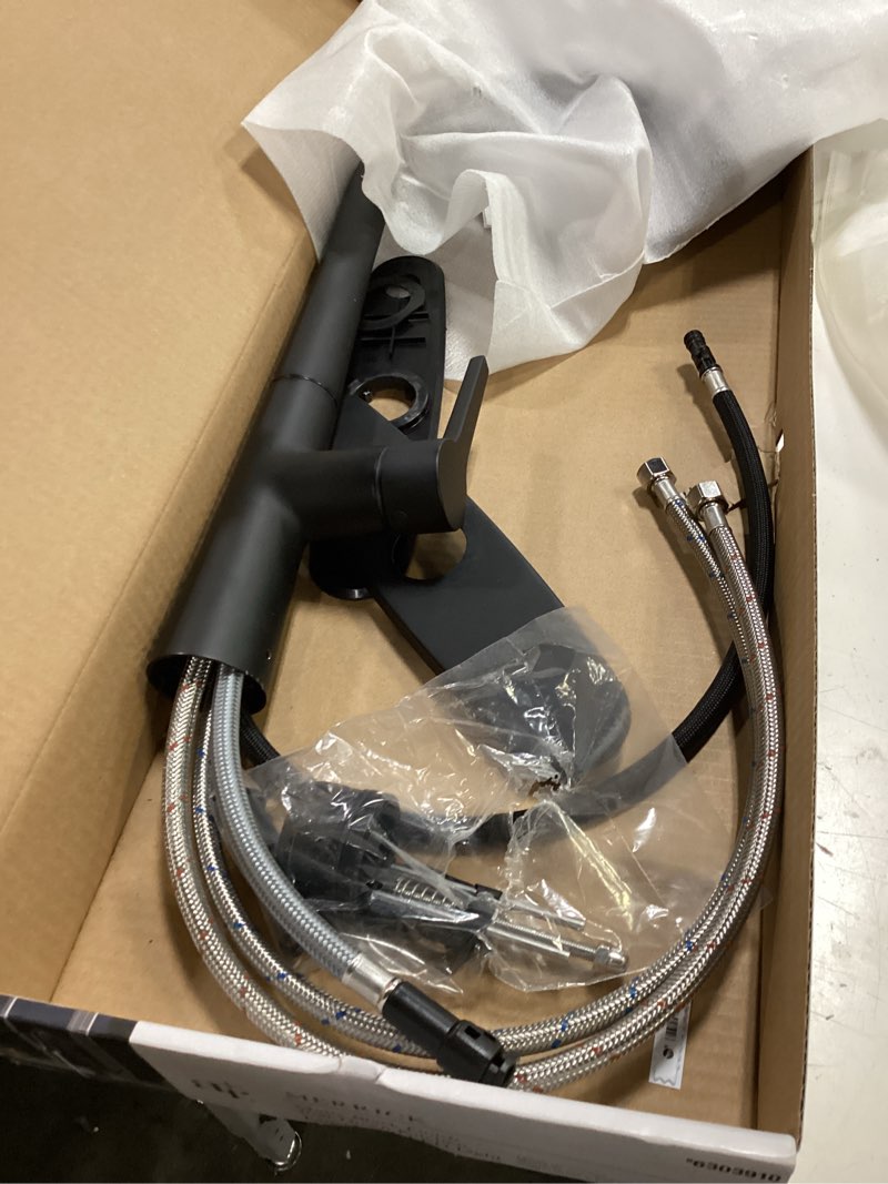 Condition photo showing As Is for allen + roth merrick matte black single handle deck-mount pull-down kitchen faucet with sprayer (includes deck plate)