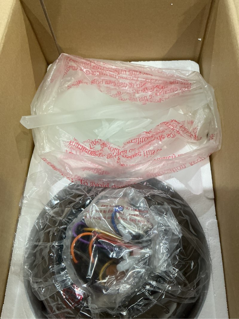 Condition photo showing As Is for harbor breeze mayfield 44-in bronze with java/cinnamon blades led indoor flush mount ceiling fan with light (5-blade)