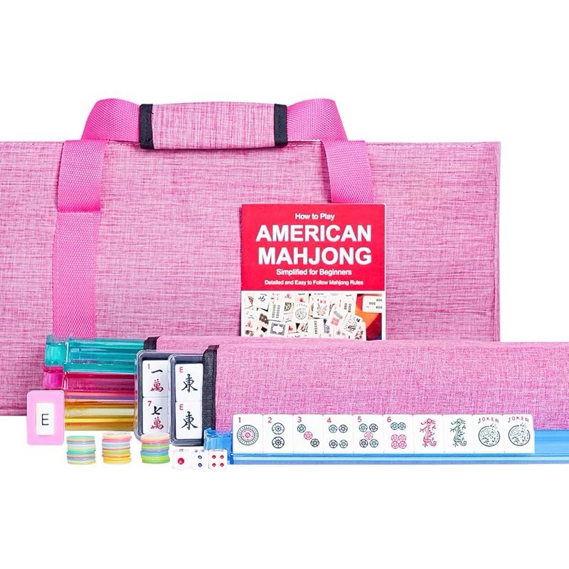 american mahjong set with pink bag, 166 white tiles, 4 all-in-one rack/pushers, mahjong tiles set (m
