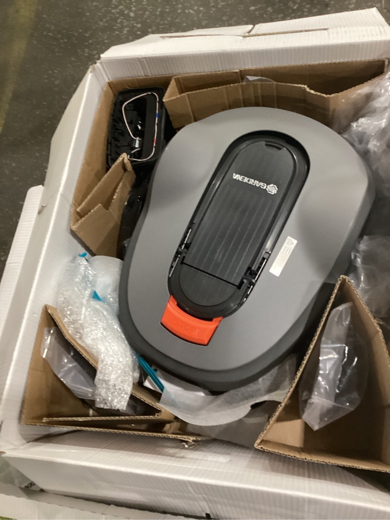 Condition photo showing As Is for NOT TESTED GARDENA 15101-41 SILENO Life - Automatic Robotic Lawn Mower, with Bluetooth app and Boundary Wire, one of The quietest in its Class, for lawns up to 8100 Sq Ft, Made in Europe, Grey Life 8,100 Sq. Ft.