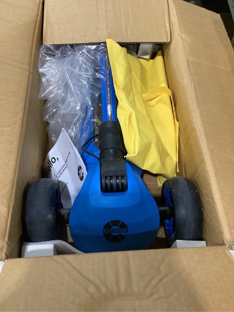 Condition photo showing As Is for elecorange t200/t500 balance electric scooter for kids age 4-9, 2 types front wheels, electric horn, full body lights up, wide deck, 5mph safe speed, 70min riding, foldable kick scooter boys & girl sky blue t500-for players