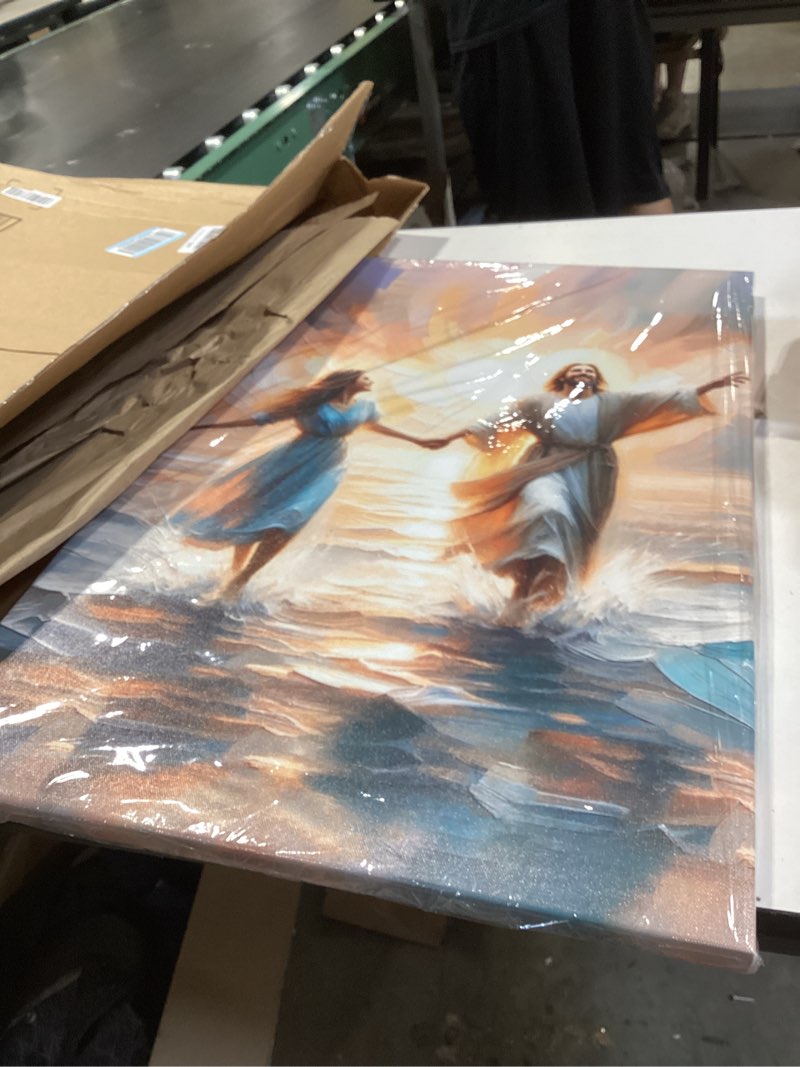 Condition photo showing Good Condition for similar to jesus and women walking on water canvas wall art, oil paint stripe painting poster, christian wall decor, jesus picture for wall living room church bedroom home decoration 12*16 in(stretched canvas on a wooden frame) jesus canvas stretched canvas on a wooden frame 16\"l x 12\"w
