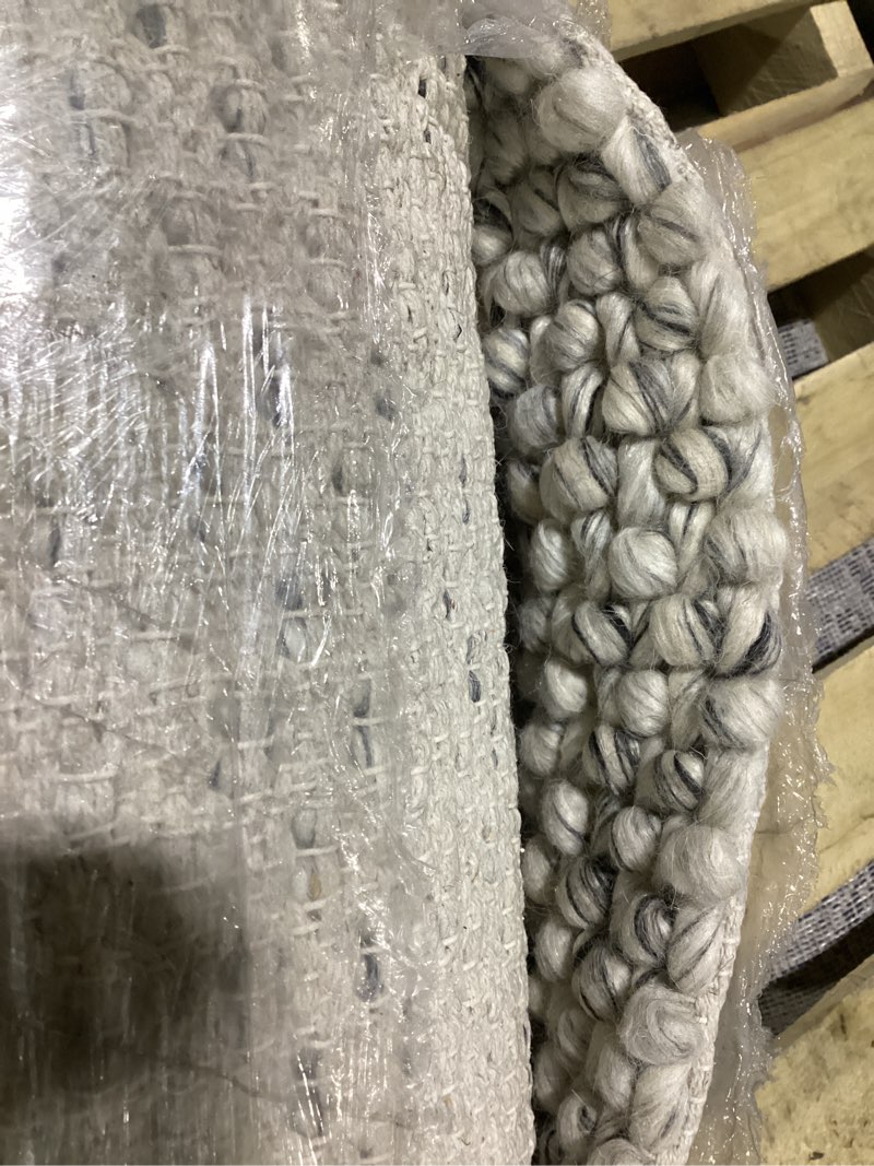 Condition photo showing As Is for chunky pebble wool rug unknown size.. , handwoven ivory gray textured area rug, thick cozy scandinavian carpet for living room bedroom