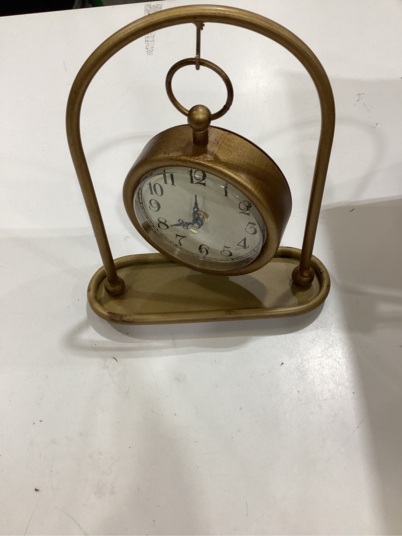 Condition photo showing Good Condition for vintage small gold table clock, farmhouse table clock, silent non-ticking battery operated desk and shelf clocks for living room bedroom kitchen home decor