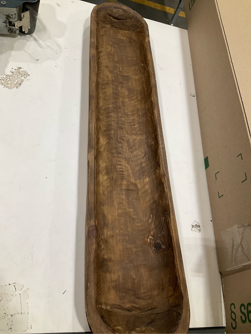 Condition photo showing Good Condition for decorative wooden dough bowl decor approx 30 inch, hand carved spanish oak | made in usa, farmhouse coffee table decor, dining table centerpiece, housewarming gift, decorative tray seasonal home styling 30 inch long brown