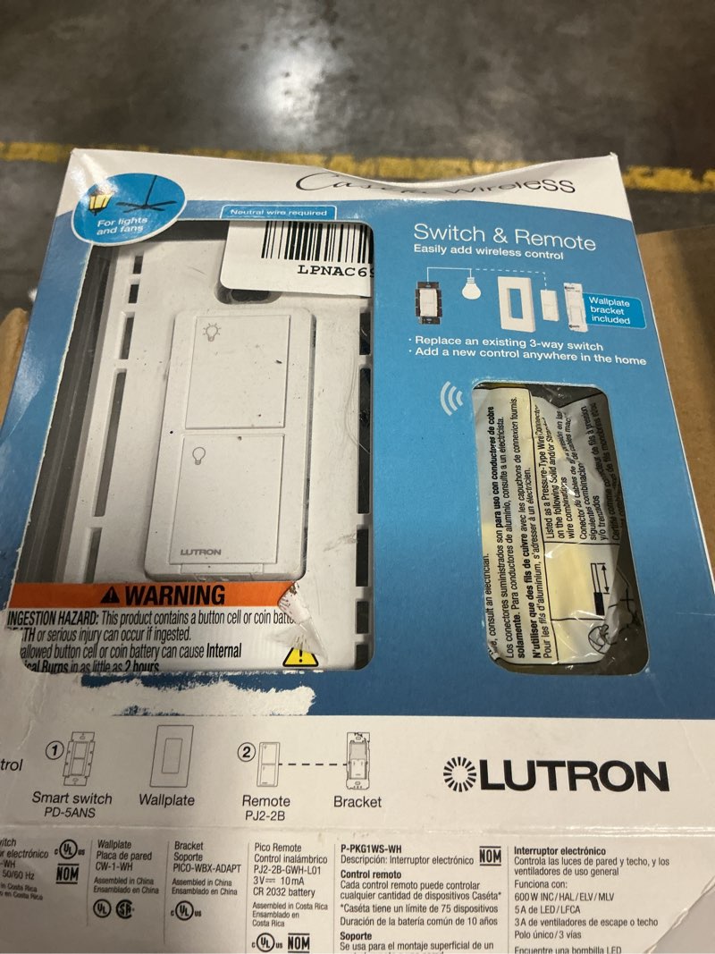 Condition photo showing As Is for Lutron Caseta Smart Switch 3-Way Kit, with Pico Remote, Wallplate, Wall Bracket for LED Lights and Fans, 5 Amp, Neutral Required, P-PKG1WS-WH
