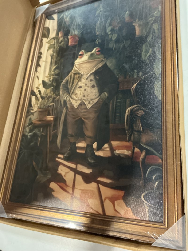 Condition photo showing Good Condition for chmmart vintage gold framed wall art whimsical frog botanical canvas art prints animal pictures wall decor cottagecore plant paintings artwork for living room bedroom 16x24in dapper frog framed 16x24in
