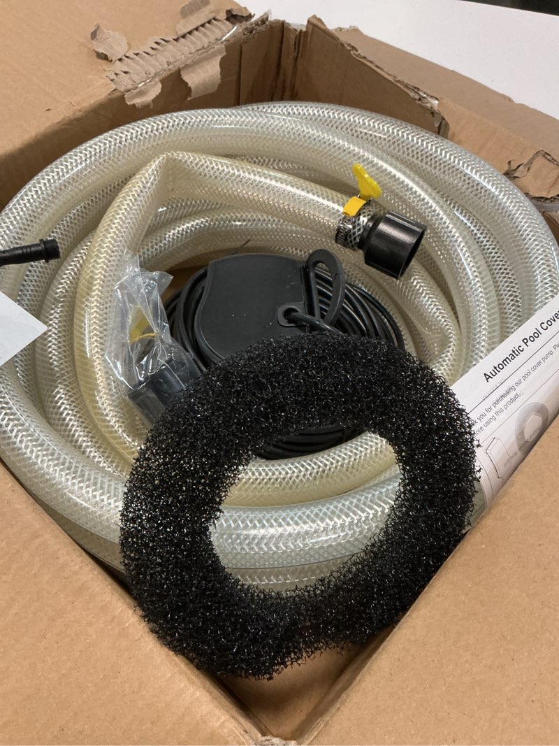 Condition photo showing Good Condition for pool cover pump, 3000l/h automatic on off swimming pool cover pump with 2 garden hose adapters, 23ft drainage hose, and 49ft power cord, submersible water pump for pool, tubs, and water beds black