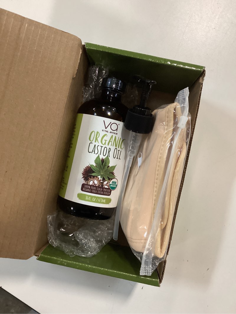 Condition photo showing New/Like New for (EXP 10/2029) Castor Oil Pack Wrap Kit – USDA Organic, 16 oz Cold-Pressed Hexane-Free Castor Oil in Glass Bottle | Adjustable Cotton Flannel Waist & Neck Wraps | Made in USA | Liver, Abdominal & Detox Therapy