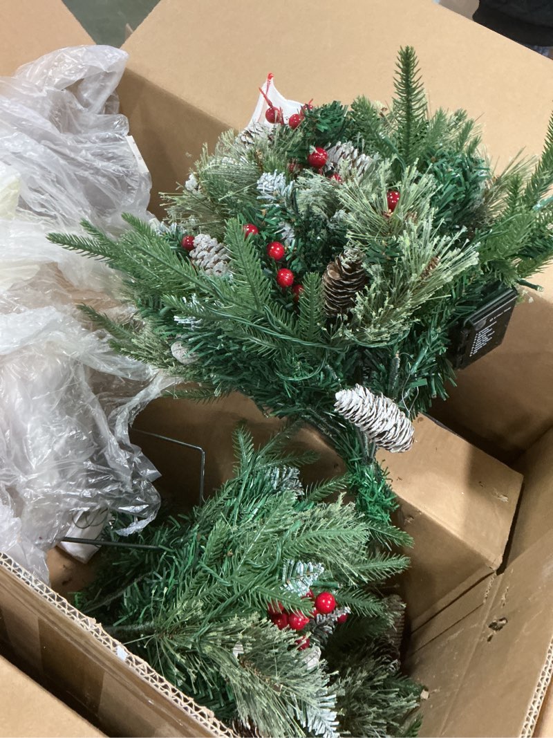 Condition photo showing Good Condition for Lifecapido 2 Pack Outdoor Christmas Tree Urn Filler, 24 Inch Pre-lit Xmas Planter Bushes Filler with 70 LED Lights, Holiday Porch Decoration Xmas Trees with Pine Cones Red Berries for Yard Porch Spherical 24Inch