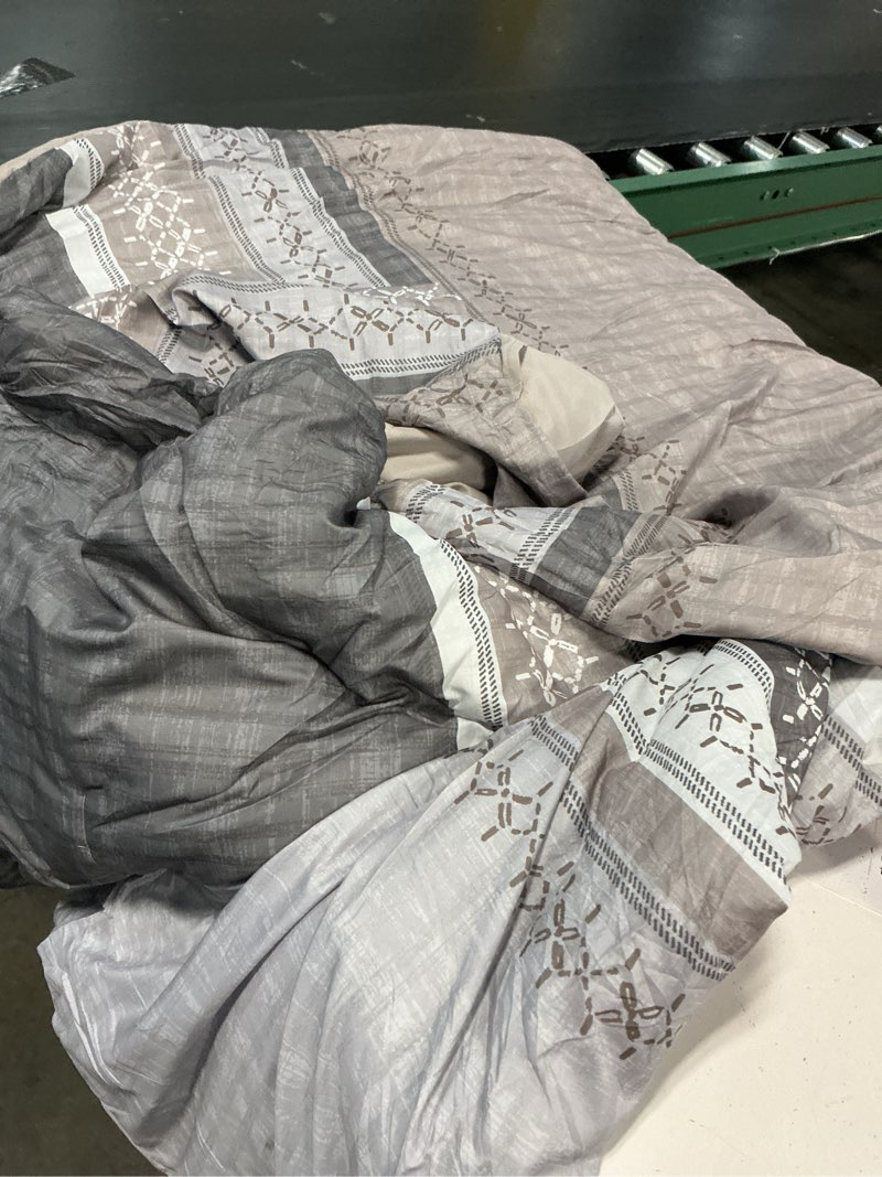 Condition photo showing As Is for dintszyayue taupe queen comforter size set, 7 pieces striped texture bed in a bag bedding sets, lightweight soft comforter and sheet set, all season microfiber teen boys bedding sets for men women