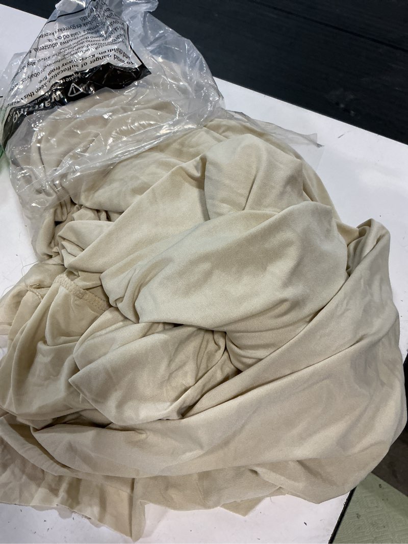 Condition photo showing As Is for suppromo 6ft beige spandex tablecloths for rectangle tables wrinkle free beige rectangle table cloth stretch fitted table cover with skirt for wedding birthday party banquet baby shower buffet event beige 72" x 30" (6ft - 1 pack)