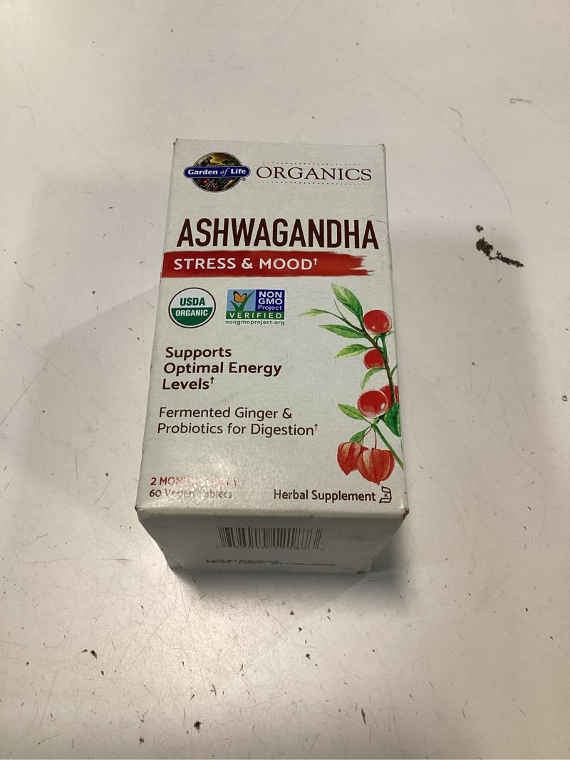 Condition photo showing New/Like New for Garden of Life Organic Ashwagandha Supplement with Probiotics & Ginger - Stress, Mood & Energy Support, Vegan, Gluten Free, Non GMO, 2 Month Supply, 60 Tablets