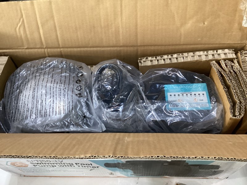 Condition photo showing As Is for 1.5hp in/above ground pool pump with timer, 7350gp high flow 115v powerful self primming swimming pool pumps with filter dark black