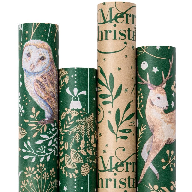 RUSPEPA Christmas Wrapping Paper Set, Jumbo Roll, 4 Rolls Green Owl Reindeer Ball Design Kraft Gift 