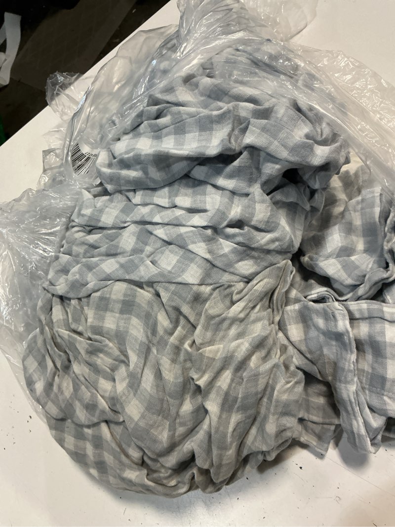 Condition photo showing As Is for quince european linen gingham fitted sheet set, queen, blue fog
